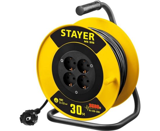 Удлинитель на катушке Stayer MS 315, 30 м, 3500 Вт, заземление, 4 гнезда, ПВС 3x1,5 кв мм, 55078-30 
