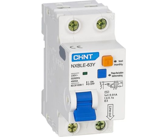 Дифференциальный автоматический выключатель CHINT, NXBLE-63Y, 1P+N, 10А, 30mA, электронный, тип AС, характеристика С, 4.5kA 105541 