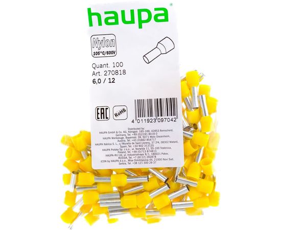 Конечная изолированная гильза HAUPA 6/12 цвет желтый упаковка 100 шт. 270818 