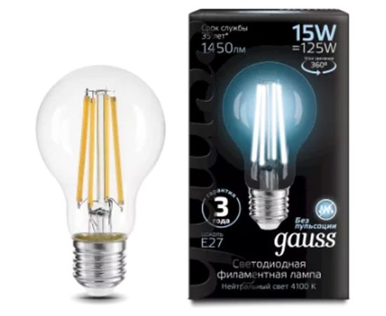 Лампа Gauss Filament А60, 15W, 1450lm, 4100К, Е27, LED, 1/10/40 102902215 