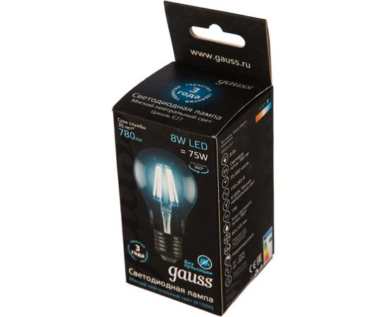 Лампа Gauss LED Filament A60 E27 8W 780lm 4100К 102802208 – изображение 2