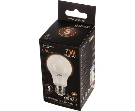 Лампа Gauss LED A60 E27 7W 680lm 3000K 1/10/50 102502107 – изображение 2