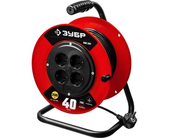 Удлинитель на катушке ЗУБР "ПВС 307", 40 м, 2500 Вт, 4 гнезда, ПВС 3х0,75 кв мм, 55083-40 