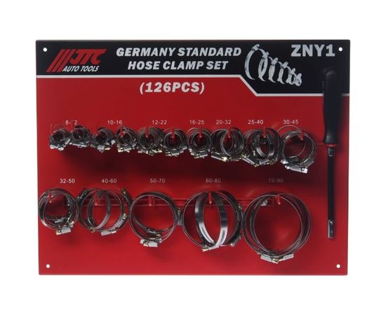 Набор червячных хомутов на стенде ZN8-ZN90 (125 шт.) с гибким воротком 7 мм JTC NEW JTC-ZNY1 