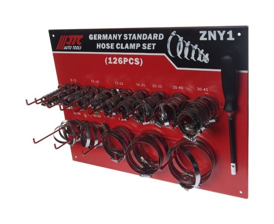 Набор червячных хомутов на стенде ZN8-ZN90 (125 шт.) с гибким воротком 7 мм JTC NEW JTC-ZNY1 – изображение 2