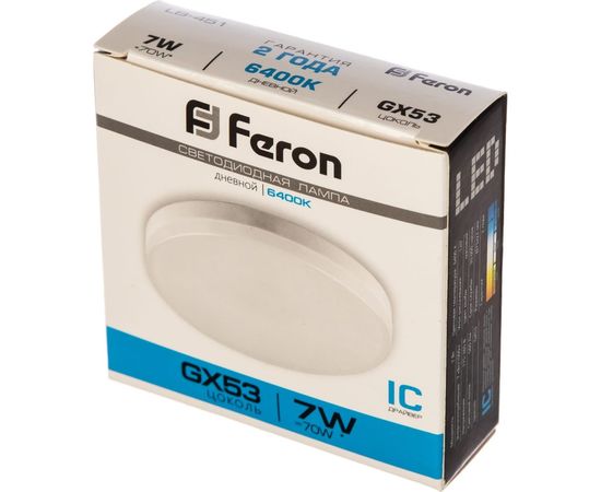 Светодиодная лампа FERON 7W 230V GX53 6400K, LB-451 25866 – изображение 2