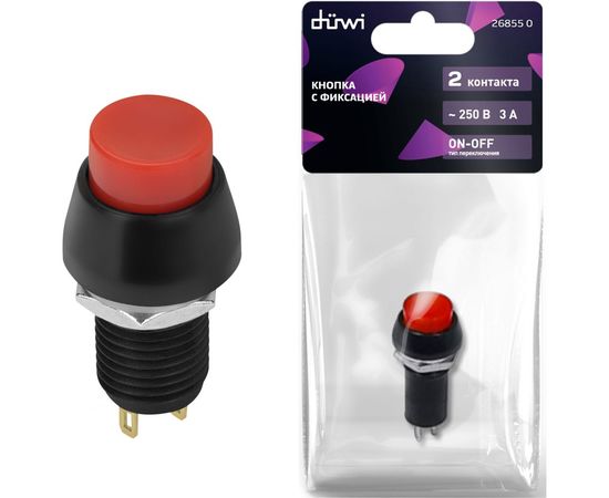 Выключатель-кнопка duwi красная 2 контакта, 250В, 3А, ВКЛ-ВЫКЛ PBS-11А, 26855 0 – изображение 2