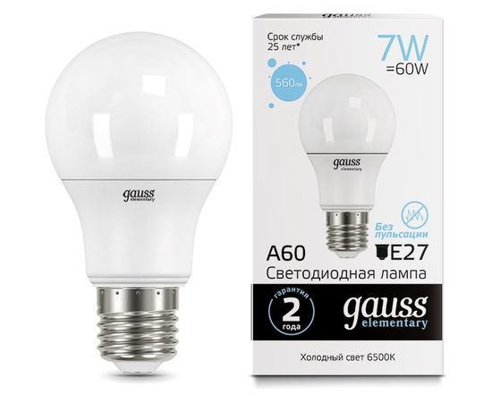 Лампа Gauss LED Elementary A60 7W E27 560lm 6500K 23237A 