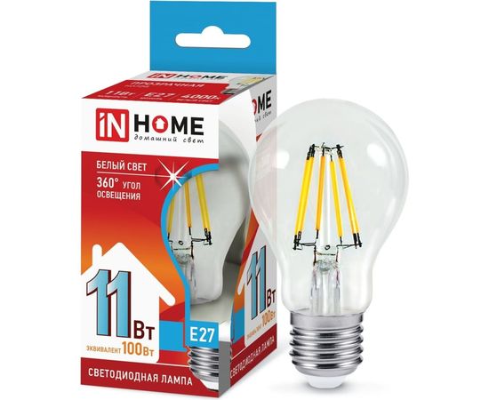 Светодиодная лампа IN HOME LED-A60-deco 11Вт 230В Е27 4000К 990Лм прозрачная 4690612026145 – изображение 2