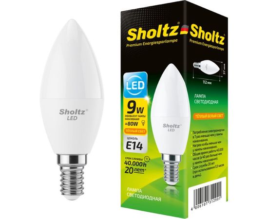 Светодиодная лампа Sholtz свеча 9Вт E14 2700К C37 220-240В пластик LEC3129 