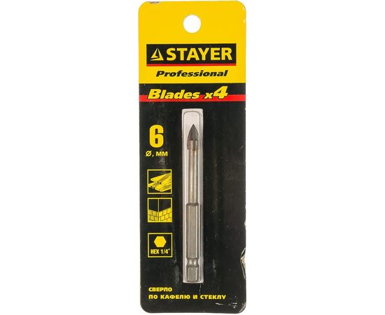 Сверло "PROFI" 6мм по керамике и стеклу, с четырьмя режущими лезвиями STAYER 2985-06_z*01 