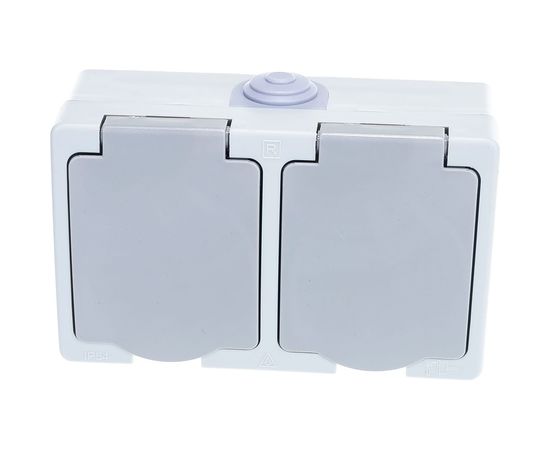 Горизонтальная розетка, 2 гнезда UNIVersal Аллегро с/з, з/ш, IP54, с крышкой, серая 1272 