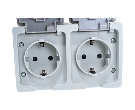 Горизонтальная розетка, 2 гнезда UNIVersal Аллегро с/з, з/ш, IP54, с крышкой, серая 1272 – изображение 4