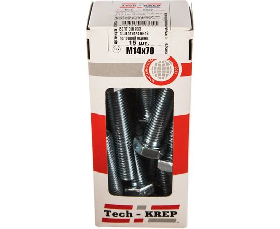 Болт DIN 933 с шестигранной головкой, оцинкованный М14х70, 15шт - коробка Tech-Krep 126534 – изображение 2