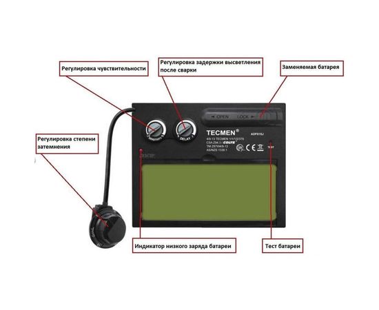 Сварочная маска с автоматическим светофильтром TECMEN ADF - 615J 9-13 TM17 черная 510322 – изображение 6