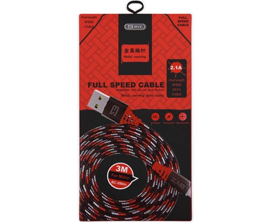 USB-кабель AM-microBM BYZ 3 метра, 2.1A, тканевый, черно-красный 23750-BC-090mBKR – изображение 2