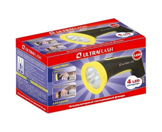 Аккумуляторный фонарь Ultraflash LED3804M 220В, черный/желтый, 4 LED, SLA, пластик, коробка 12867 – изображение 2