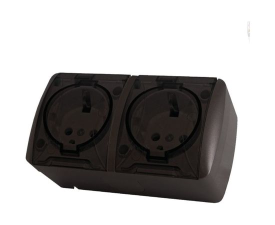 Двойная розетка TDM 2П+3 открытой установки IP54 16А с прозрачной крышкой шоколад Селигер SQ1818-0209 