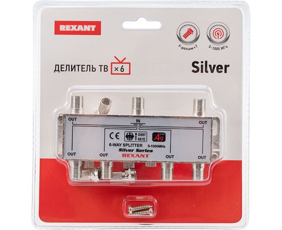 Делитель REXANT ТВ краб x 6 + 7шт. F BOX 5-1000 МГц Silver 05-6104 – изображение 2