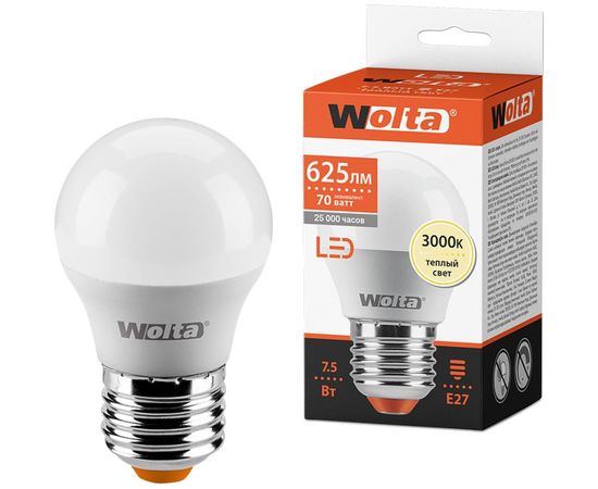 Лампа Wolta ШАР 7.5 Вт LED, 3000K, 25Y45GL7.5E27 