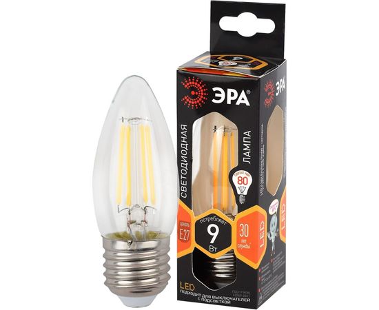 Филаментная лампа ЭРА FLED B35-9w-827-E27 свеча, 9 Вт, теплая, E27, 10/100/5000 Б0046993 – изображение 2