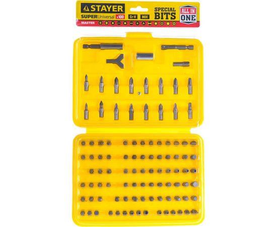 Набор "MASTER" "SUPER UNIVERSAL" биты, адаптеры Cr-V 100 предметов в боксе STAYER 2604-H100 – изображение 2