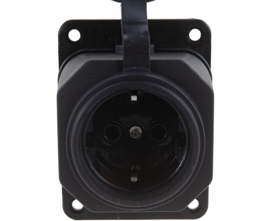 Стационарная розетка 1-м IEK ОМЕГА с заземлением, с крышкой, черная IP44 РБ13-1-0м ИЭК PKR11-016-2-K02 – изображение 2