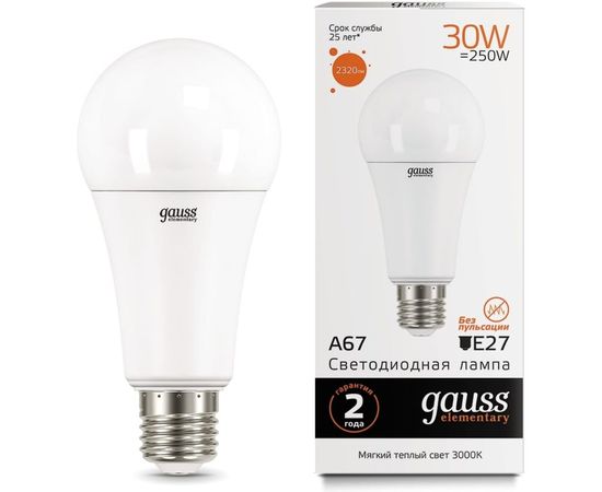 Лампа Gauss LED Elementary A67 30W E27 3000K 1/10/50 SQ73219 