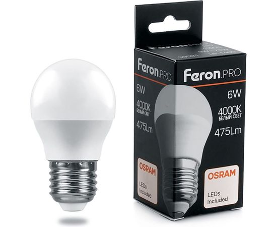 Светодиодная лампа FERON PRO LB-1406 Шарик E27 6W 4000K OSRAM LED 38069 