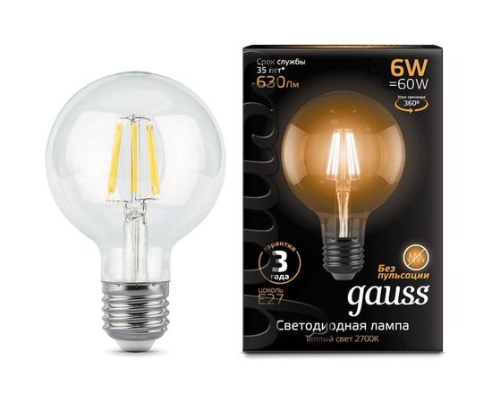 Лампа LED G95 E27 6W 2700K Gauss Filament 105802106 