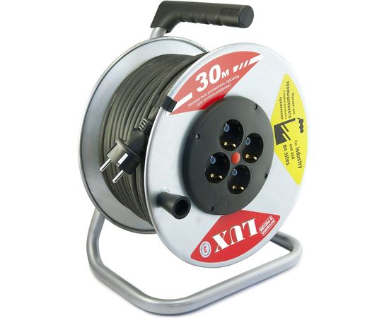 Силовой удлинитель на металлической катушке LUX К4-Е-30 КГ 3x1.5 30м 4 розетки с з/к 44130 4606400419440 