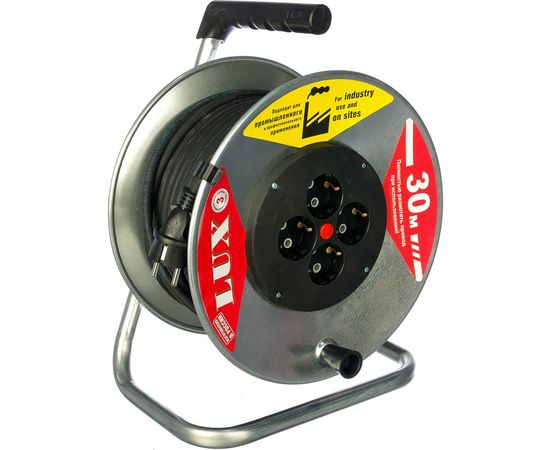 Силовой удлинитель на металлической катушке LUX К4-Е-30 КГ 3x1.5 30м 4 розетки с з/к 44130 4606400419440 – изображение 3
