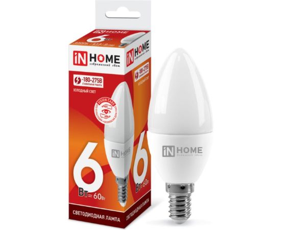 Светодиодная лампа IN HOME LED-СВЕЧА-VC 6Вт, 230В, Е14, 6500К, 540Лм 4690612030333 