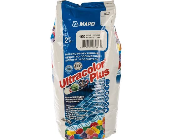 Затирка MAPEI ULTRACOLOR PLUS №100 для швов с водоотталкивающим и антигрибковым эффектом, белый 2кг 6622 