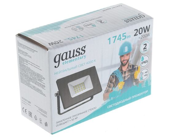 Светодиодный прожектор Gauss Elementary 20W 1745lm IP65 4000К черный 1/20 613100220 – изображение 2