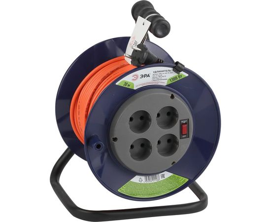 Силовой удлинитель ЭРА RPx4s2x0.75-30m на пластиковой катушке, без заземления, 4 гнезда, 30м, ПВС 2х0.75 Б0043048 