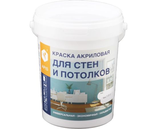 Акриловая краска для стен и потолков APIS белая ведро 1,5 кг 4665296515087 