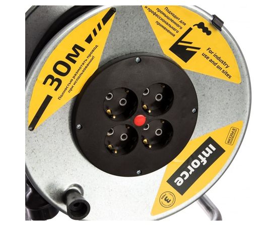Силовой удлинитель Inforce К4-Е-30 на металлической катушке КГ 3x1.5 30м 16А, 4 розетки с з/к 44130 – изображение 7