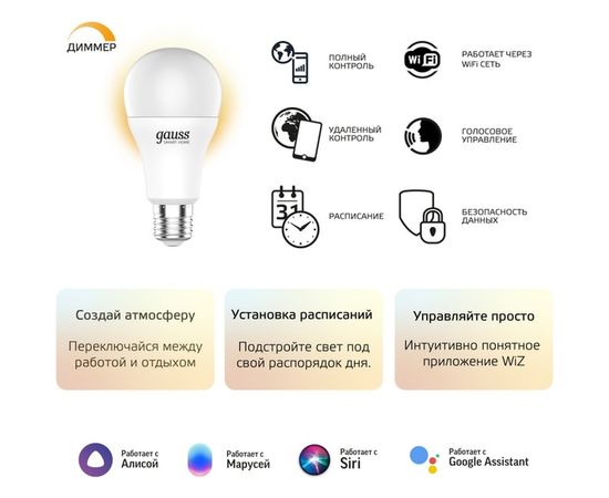 Умная Wi-fi лампочка Gauss, Smart Light DIM E27 А60 10 Вт 2700-6500K, диммируемая, управление голосом/смартфоном 1070112 – изображение 4