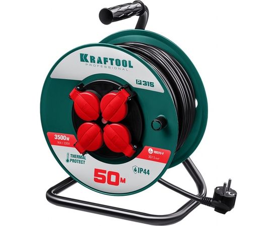 Удлинитель на катушке KRAFTOOL P-315, 50м, 3500Вт, 4 гнезда, IP44, ПВС 3х1.5мм2, 55084-50 