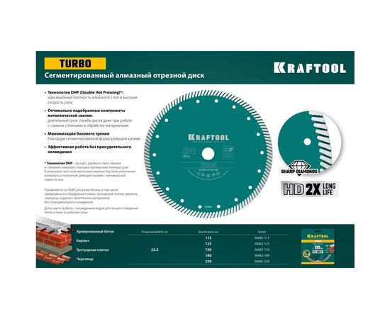 Диск алмазный отрезной турбо по бетону и кирпичу KRAFTOOL Turbo 115х22 мм 36682-115 – изображение 4
