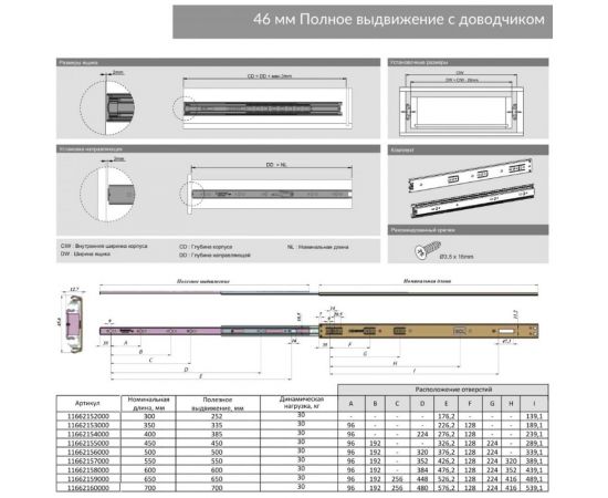 Шариковые направляющие SAMET SO CLASS накладные, высота 46 мм, с доводчиком, 500 мм СТ-00001292 – изображение 7