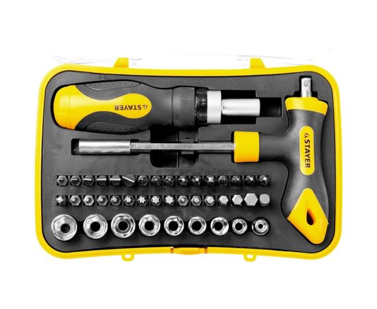 Набор: реверсивная отвертка, Т-образная отвертка-битодержатель, адаптер для торцевых головок, 43шт STAYER MASTER ТECHNO 25084-H43 