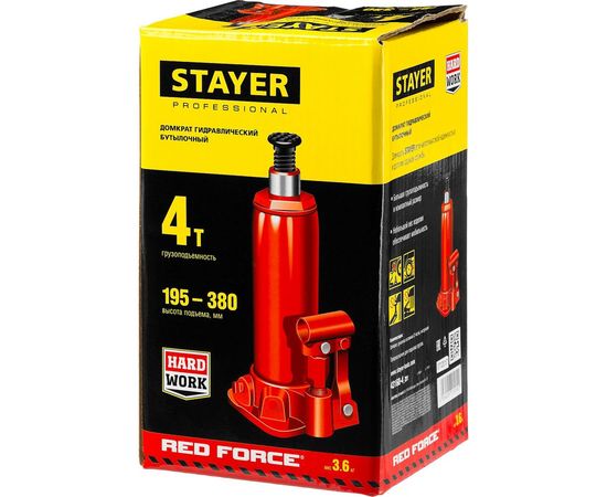 Гидравлический бутылочный домкрат STAYER RED FORCE, 4т, 195-380 мм, 43160-4 43160-4_z01 – изображение 3