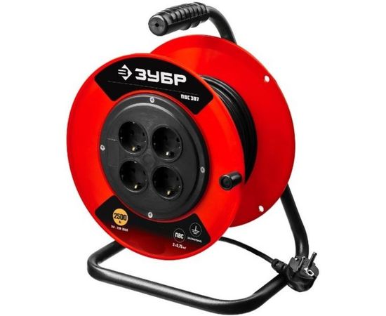 Удлинитель на катушке ЗУБР ПВС 307, 50 м, 2500 Вт, 4 гнезда, ПВС 3х0,75 кв мм, 55083-50 
