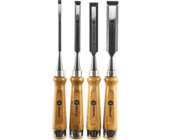 Набор плоских стамесок: 6, 12, 18, 24мм, длина 140мм, CR-V, деревянные рукоятки, 4шт КОБАЛЬТ 245-879 