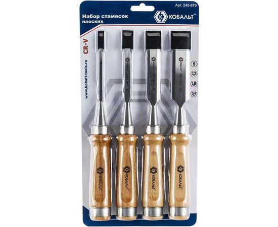 Набор плоских стамесок: 6, 12, 18, 24мм, длина 140мм, CR-V, деревянные рукоятки, 4шт КОБАЛЬТ 245-879 – изображение 3