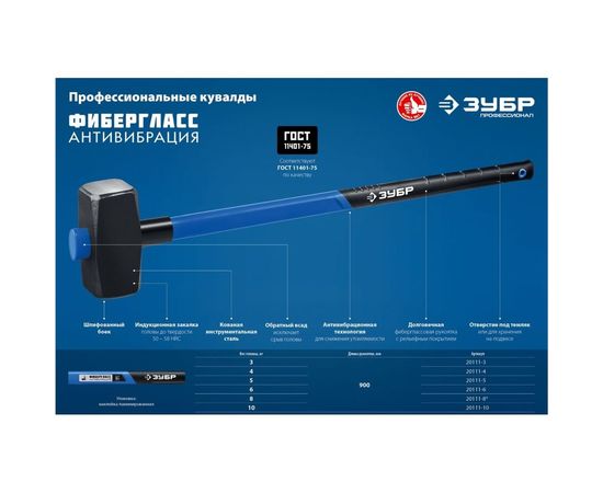 Кувалда с фибергласовой удлиненной рукояткой ЗУБР Профессионал 10 кг 20111-10_z03 – изображение 3