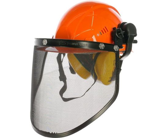 Комплект лесоруба (оранжевая каска с храповым механизмом + щиток сетка + наушники) РОСОМЗ КСН64 ШТУРМ FavoriТ СТАЛЬ 75714+04416+60105 
