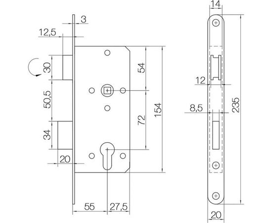 Корпус замка DOORLOCK DL402/55 PZ72 MCR матовый хром, реверсивный, II класс 75311 – изображение 2